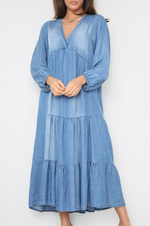 V-Neck Tiered Denim Dress - Miss Glossy Wholesale UK