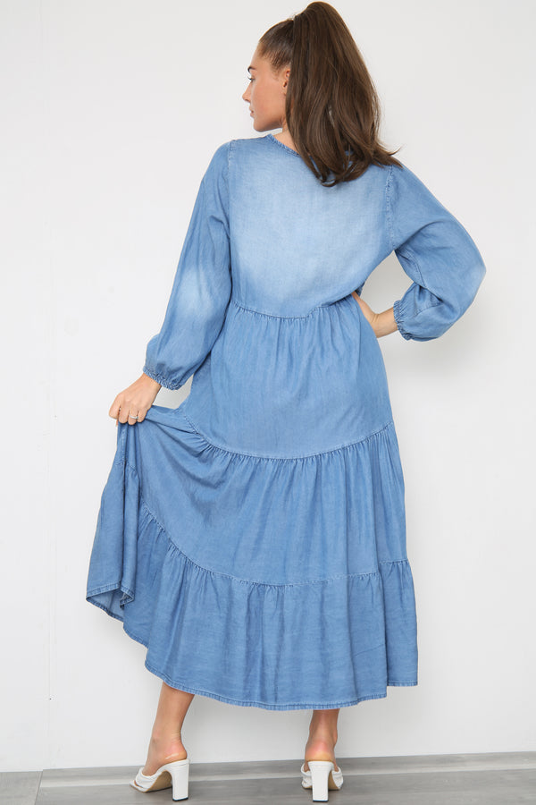 V-Neck Tiered Denim Dress - Miss Glossy Wholesale UK